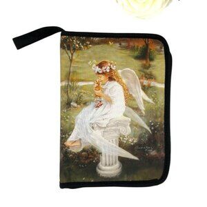Sandra Kuck Angel Kissing Kitty Bible Book Cover Case Zips Handle Pocket 7.5x10”